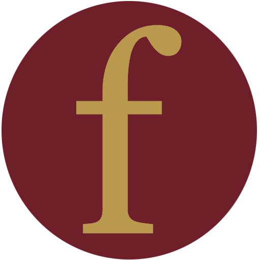 Farnborough Taxi Cabs brand seal — champagne italic f on oxblood ground
