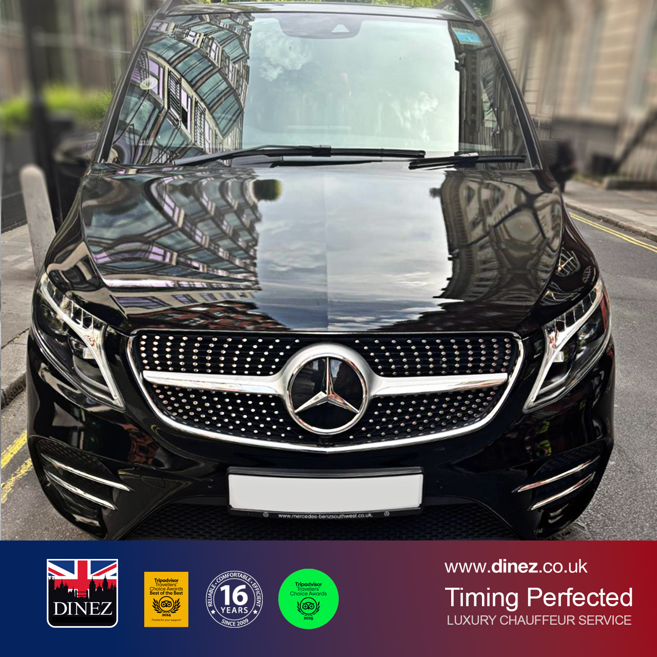 A black Mercedes V-Class executive MPV photographed head-on on a Central London street lined with grand period buildings.