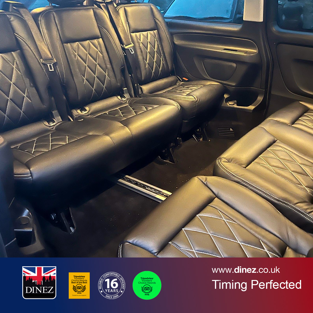 The interior of a Mercedes V-Class showing diamond-quilted black leather seats arranged for group and executive travel.