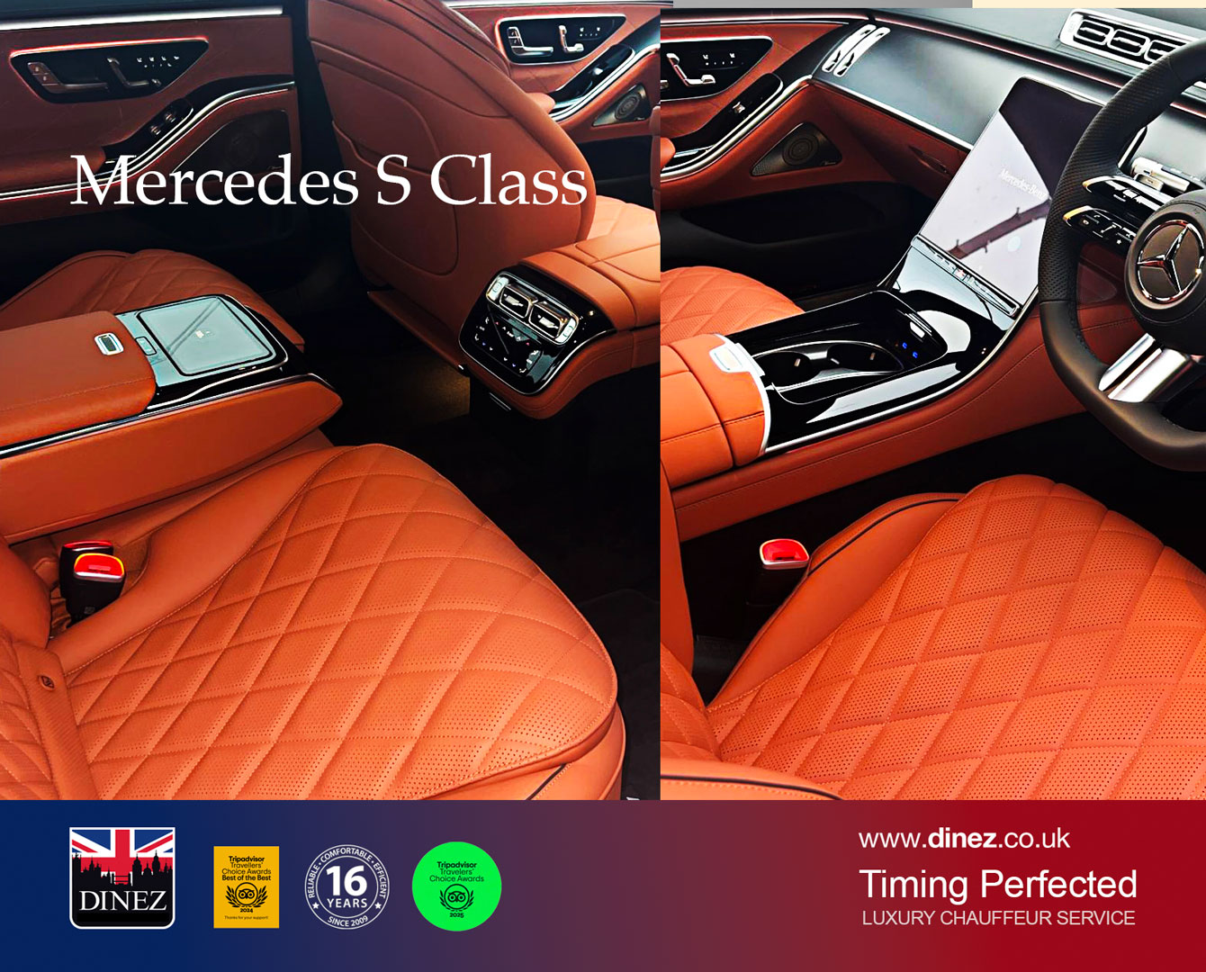 Cognac diamond-quilted leather, a tablet screen and AMG steering wheel inside a Mercedes-Benz S-Class from the Farnborough