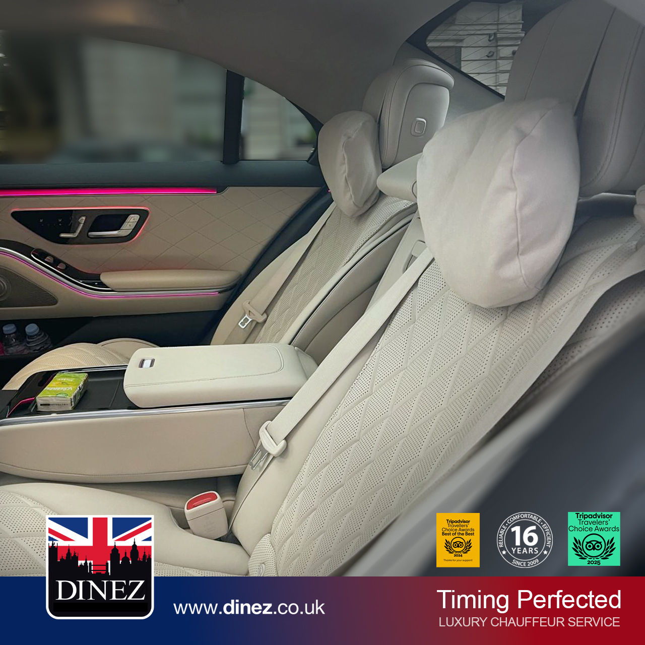 Cream quilted rear seats with pink ambient lighting and bottled water inside a Mercedes-Benz S-Class from the Farnborough