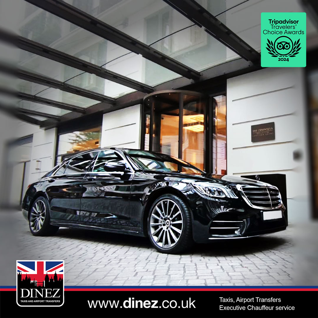 A Mercedes-Benz S-Class for Farnborough Taxi Cabs hotel transfer at The Peninsula London, Belgravia, showing a black saloon