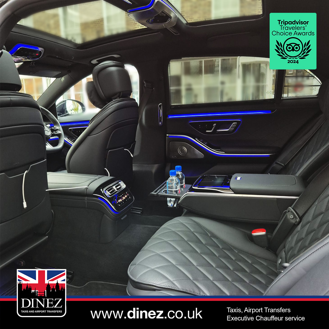Black quilted leather with blue ambient lighting and a rear tablet inside a Mercedes-Benz S-Class from the Farnborough Taxi