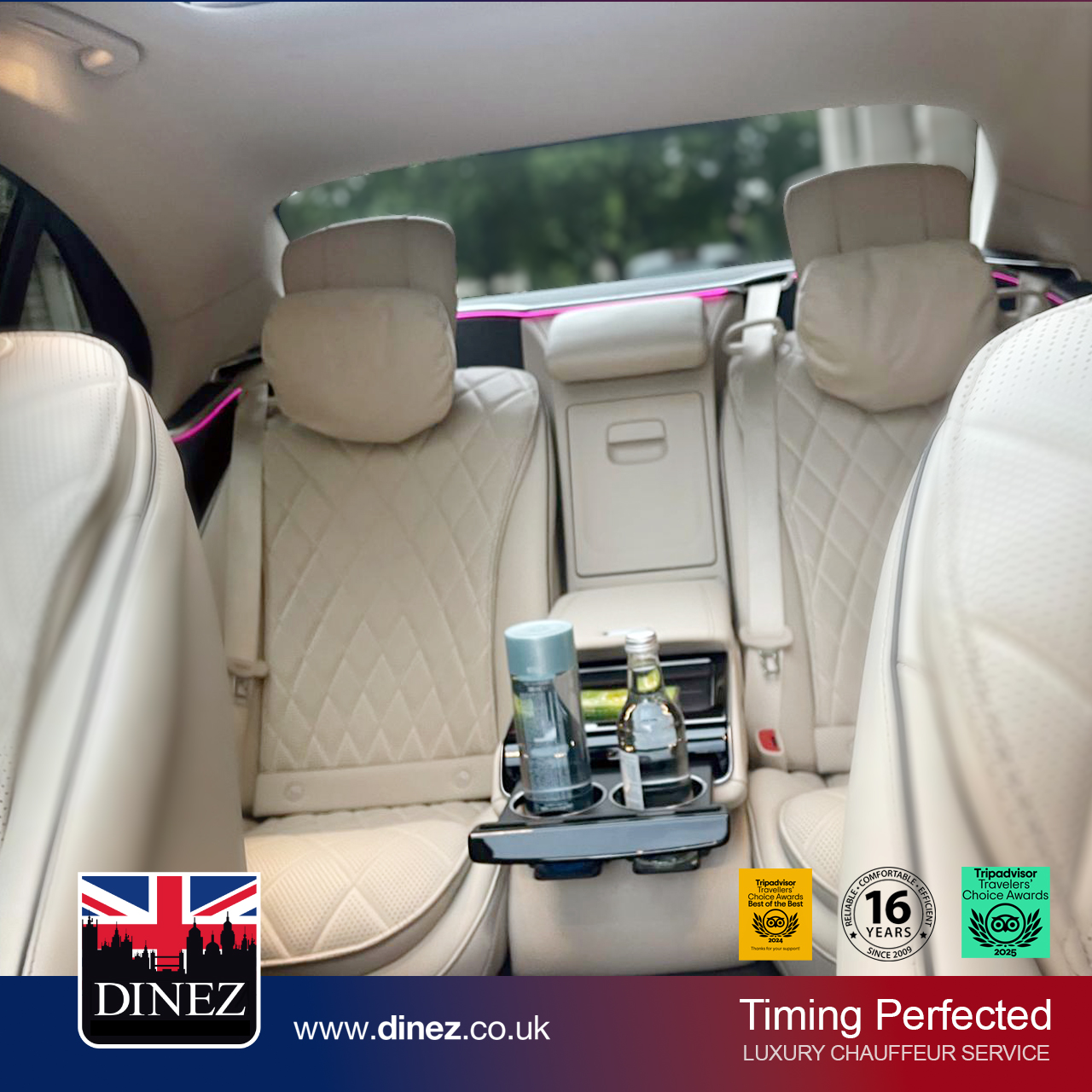 Cream quilted leather, a panoramic sunroof and rear refreshments inside a Mercedes-Benz S-Class from the Farnborough Taxi