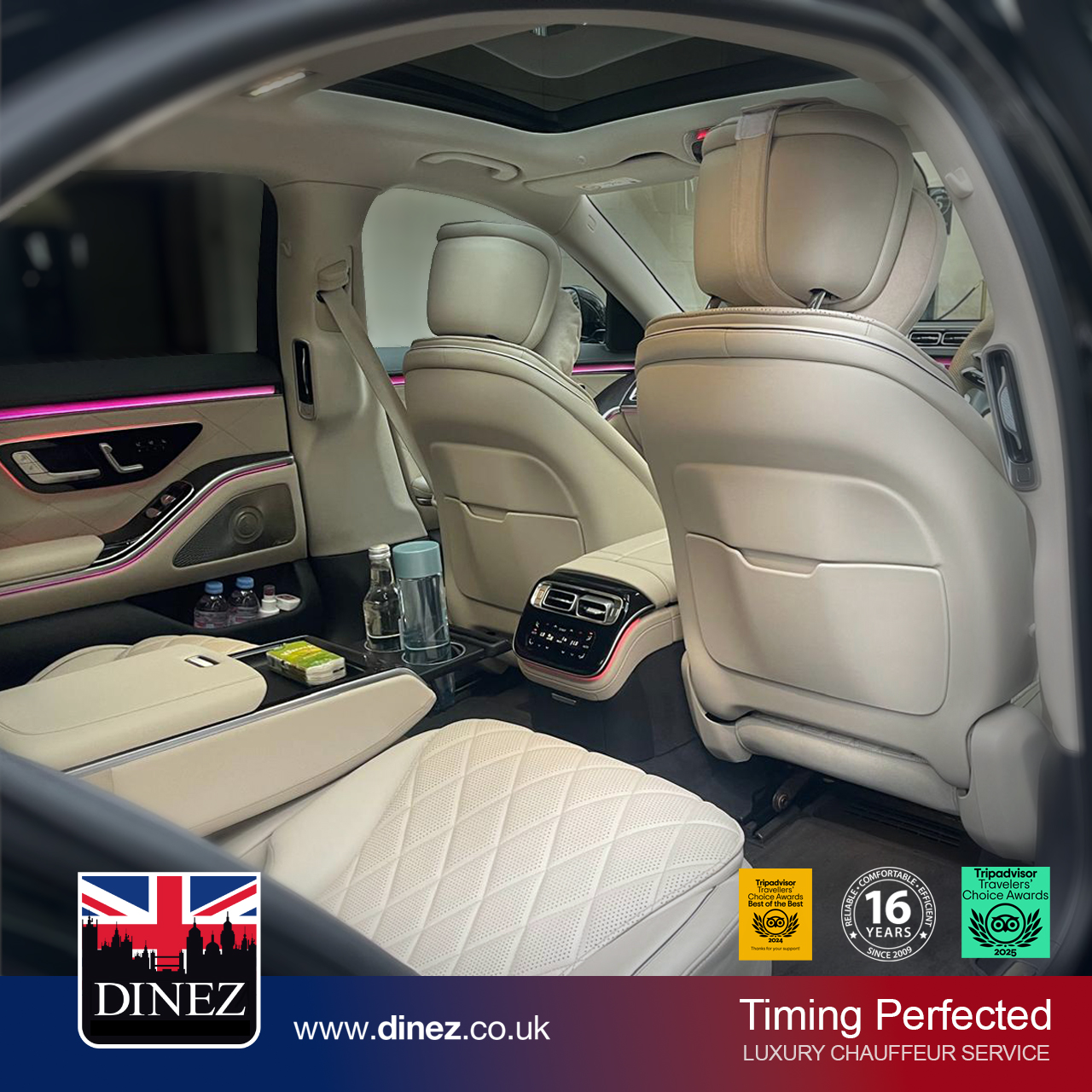 Cream leather with a panoramic sunroof and ambient lighting inside a Mercedes-Benz S-Class from the Farnborough Taxi Cabs