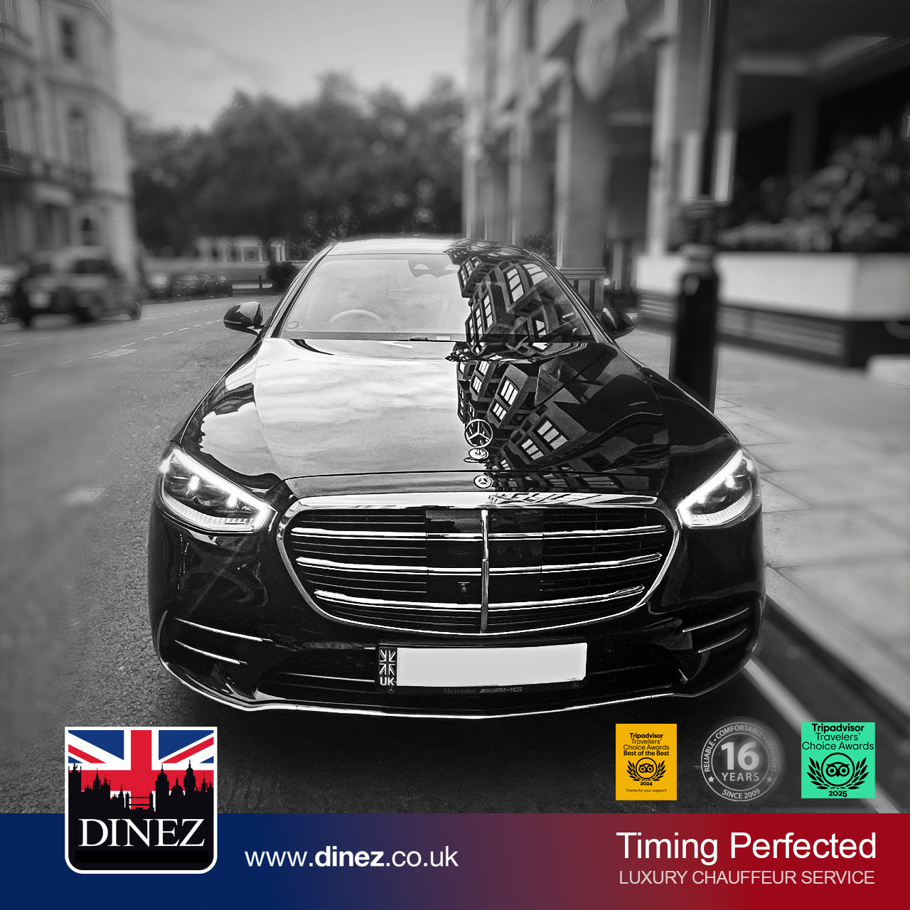 A Mercedes-Benz S-Class for Farnborough Taxi Cabs executive chauffeur service in Central London, showing a gloss black W223