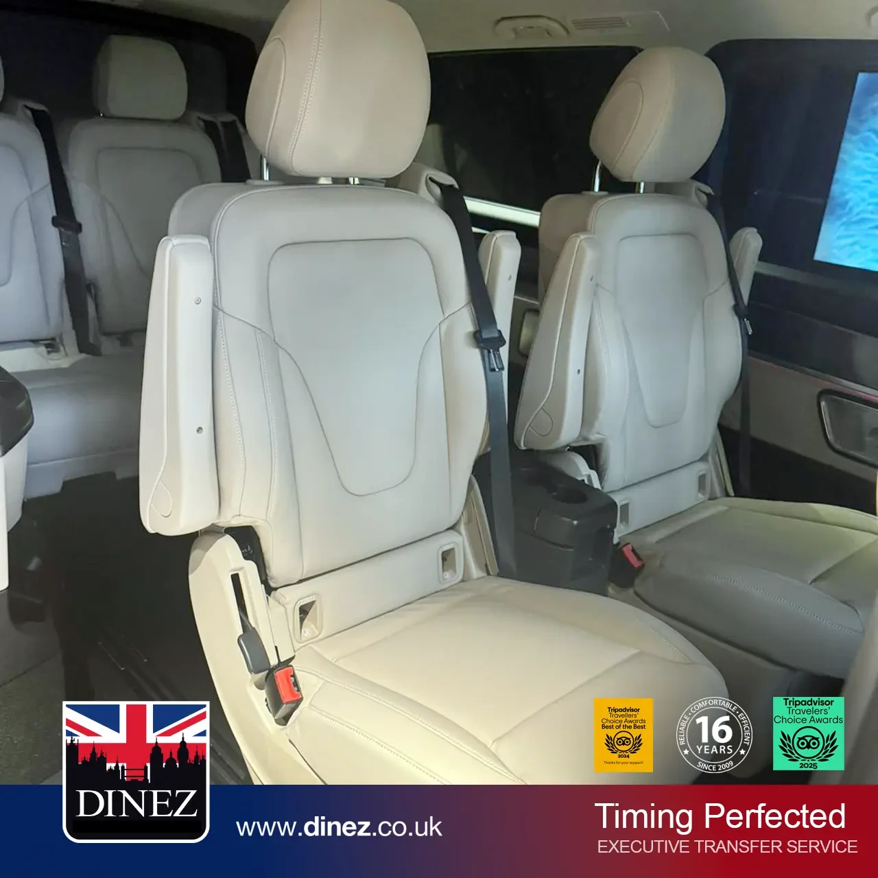 Beige leather captain seats in the rear cabin of a Mercedes-Benz V-Class from the Farnborough Taxi Cabs executive fleet