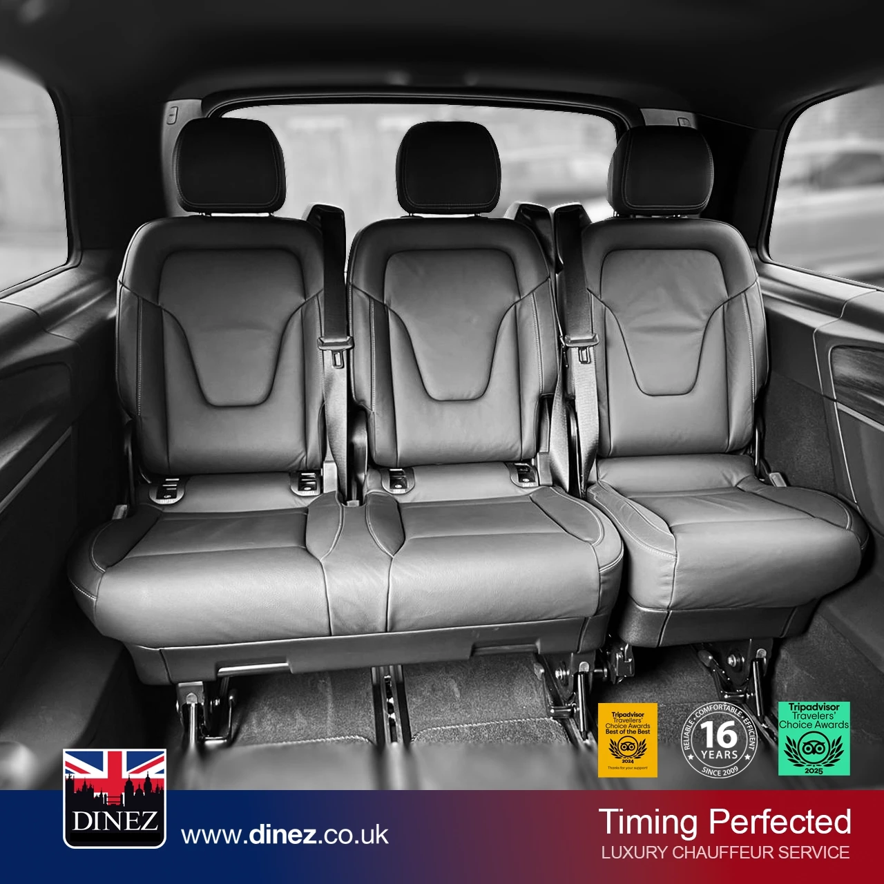Black leather rear three-seat bench inside a Mercedes-Benz V-Class from the Farnborough Taxi Cabs executive fleet