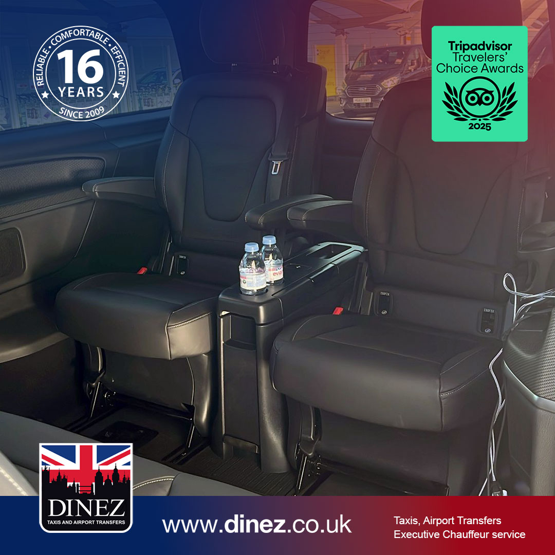 Black leather captain seats with complimentary water bottles inside a Mercedes-Benz V-Class from the Farnborough Taxi Cabs