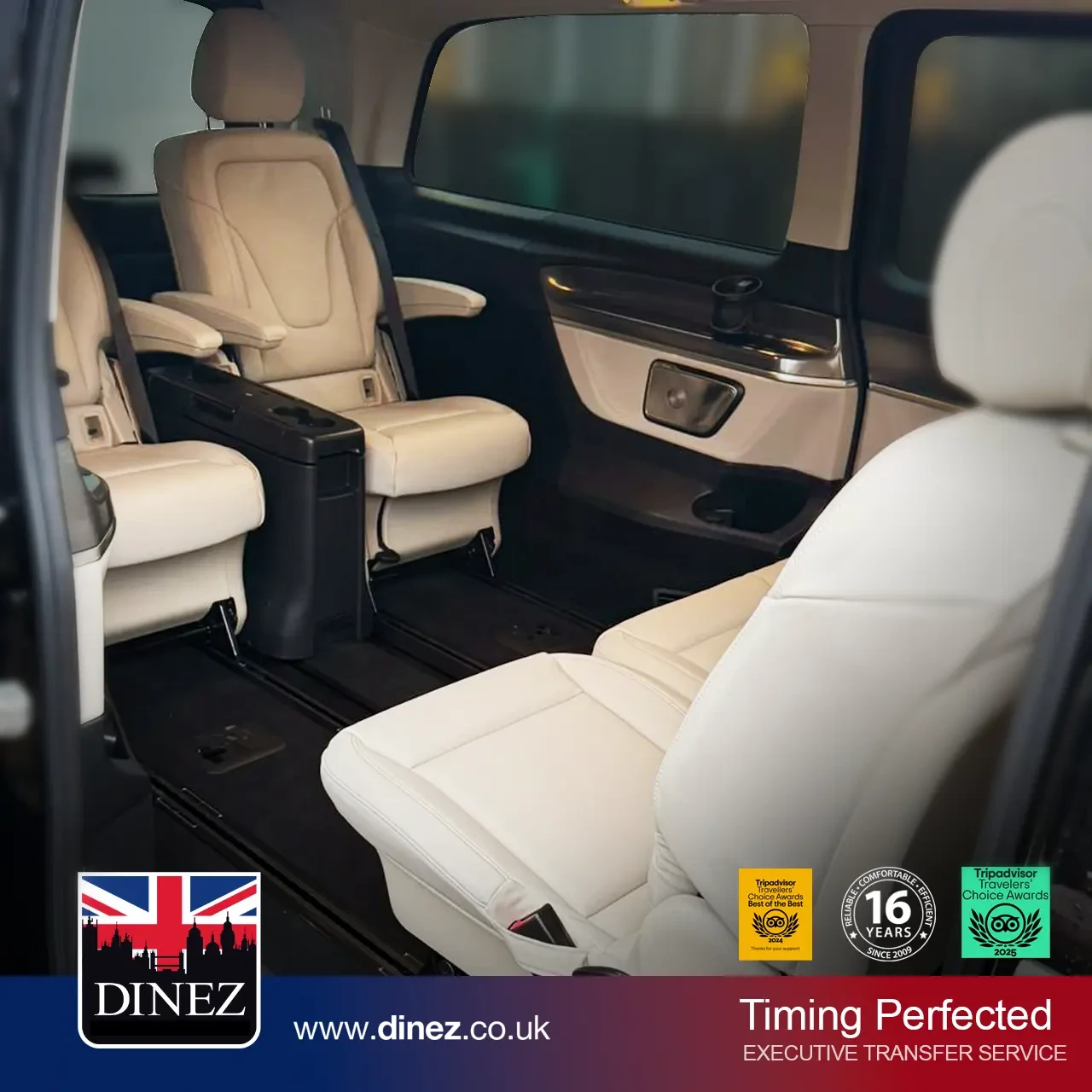 Cream leather captain seats and a centre console inside a Mercedes-Benz V-Class from the Farnborough Taxi Cabs executive fleet