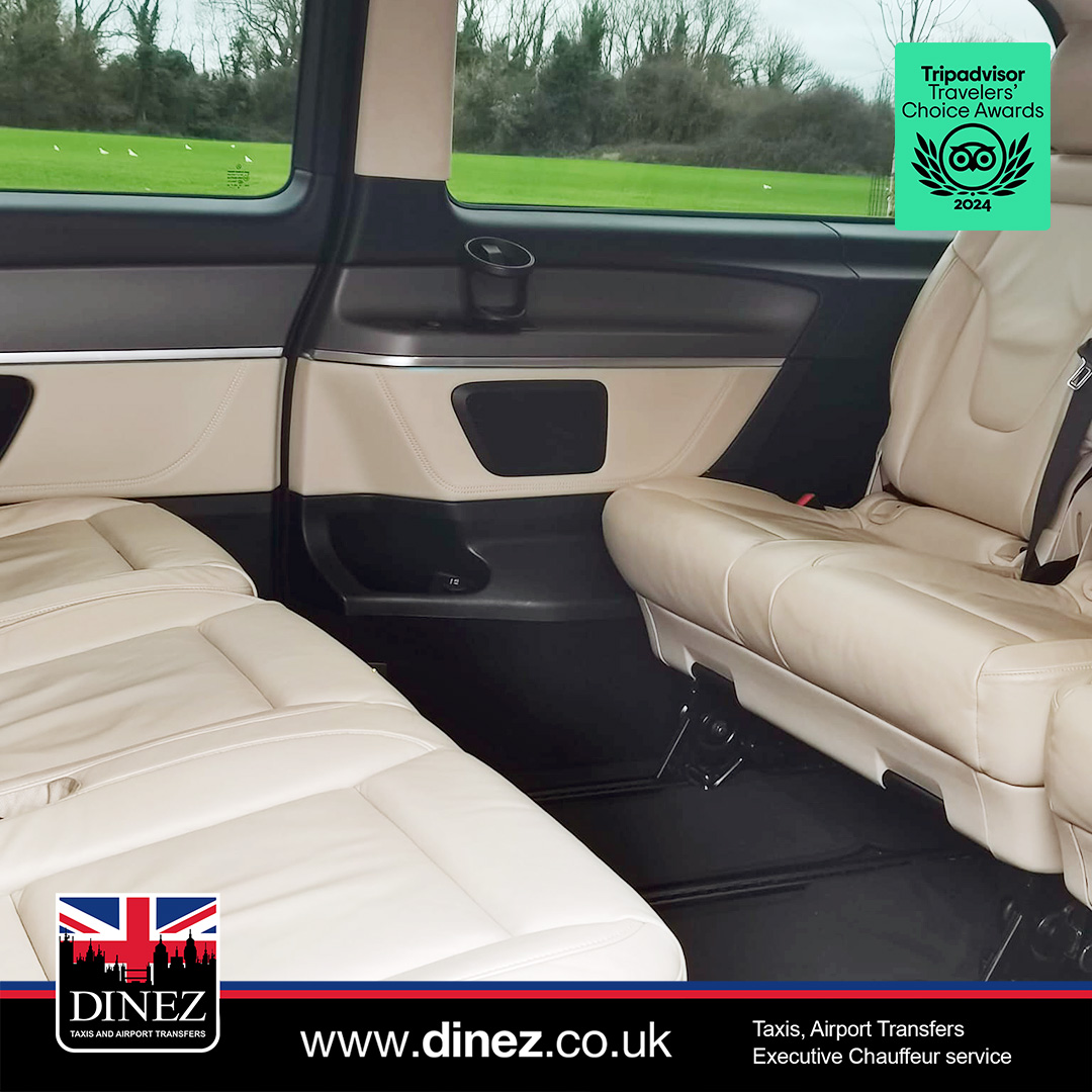 Cream leather rear seats inside a Mercedes-Benz V-Class from the Farnborough Taxi Cabs executive fleet.