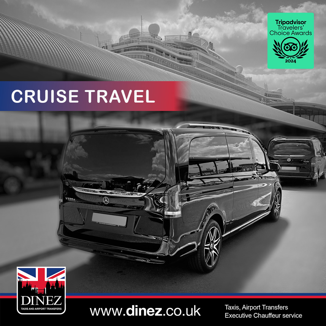 A Mercedes-Benz V-Class for Farnborough Taxi Cabs cruise port transfer at Southampton Cruise Terminal, showing a black