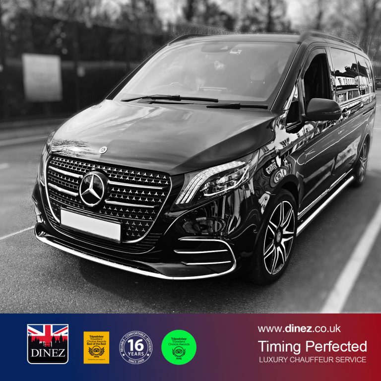 A Mercedes-Benz V-Class for Farnborough Taxi Cabs executive chauffeur service in Farnborough, Hampshire, showing a black