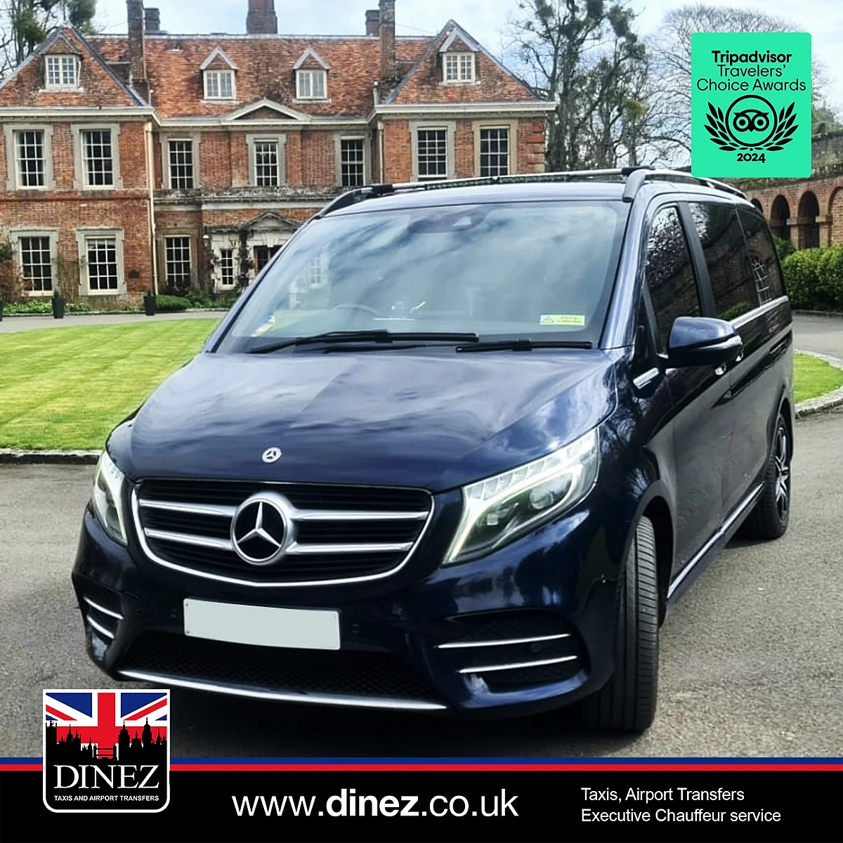Dark blue Mercedes-Benz V-Class parked outside a country manor house for a Farnborough Taxi Cabs hotel transfer in Hampshire