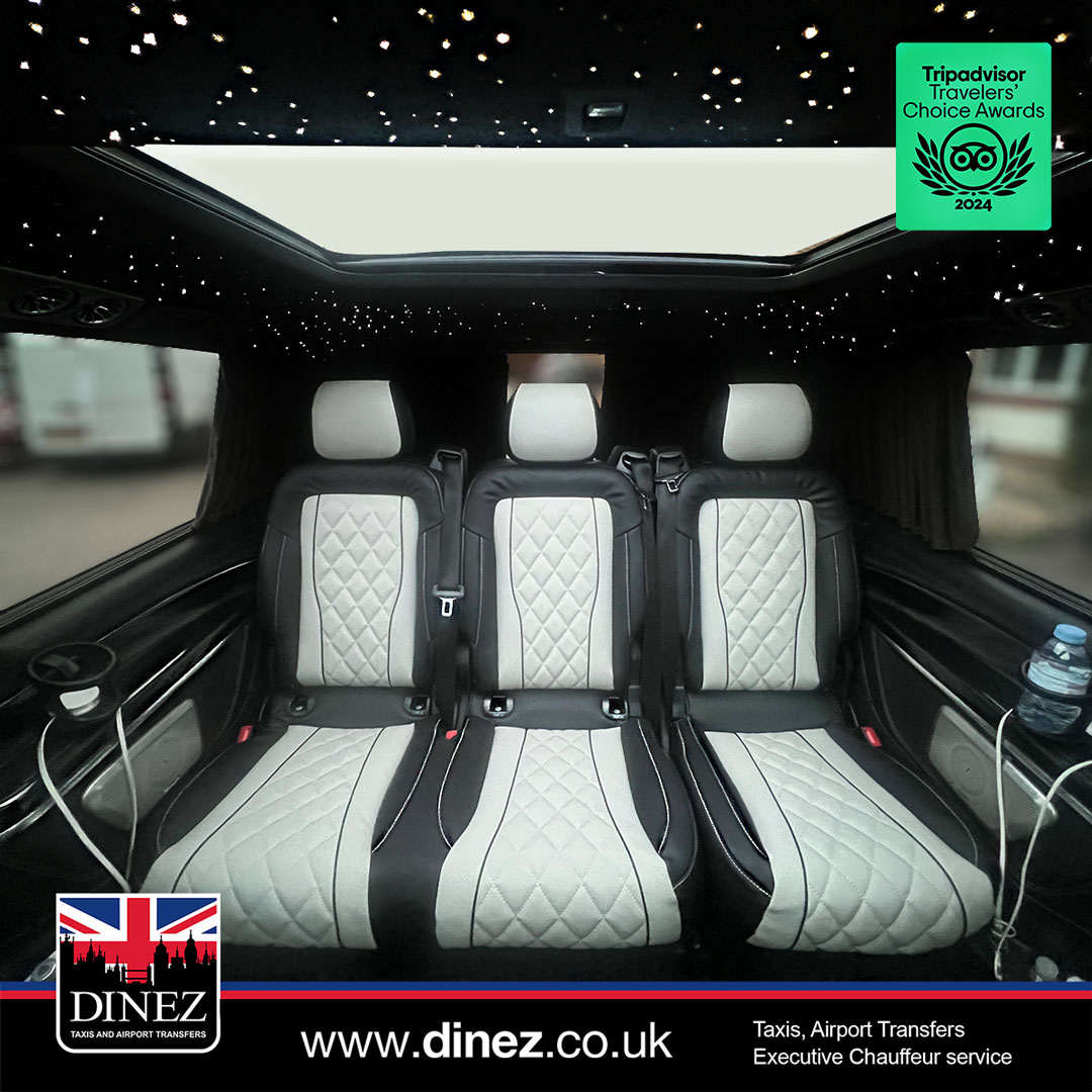 A grey diamond-quilted bench under a panoramic starlight roof inside a Mercedes-Benz V-Class from the Farnborough Taxi Cabs
