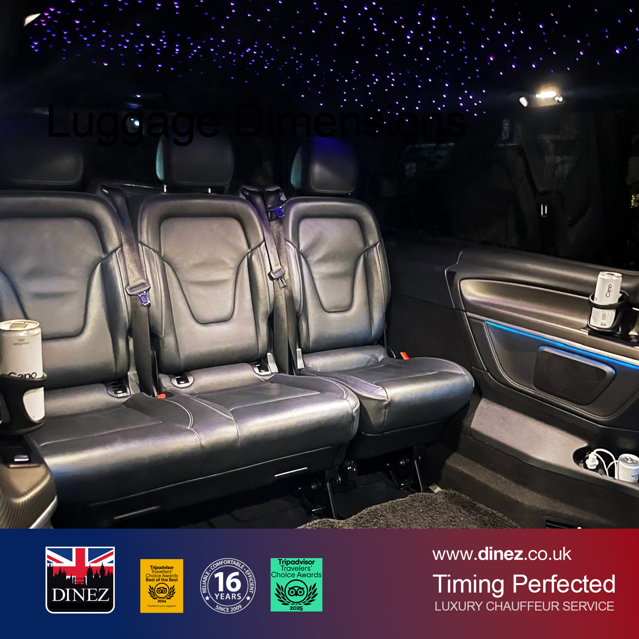A starlight roof, blue ambient lighting and black leather seats inside a Mercedes-Benz V-Class from the Farnborough Taxi