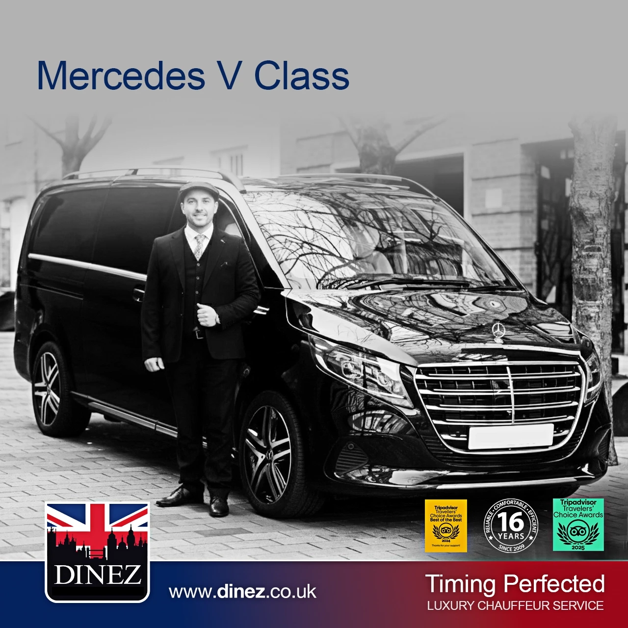 Mercedes-Benz V-Class executive chauffeur in a black suit standing beside the black vehicle for Farnborough Taxi Cabs, Hampshire