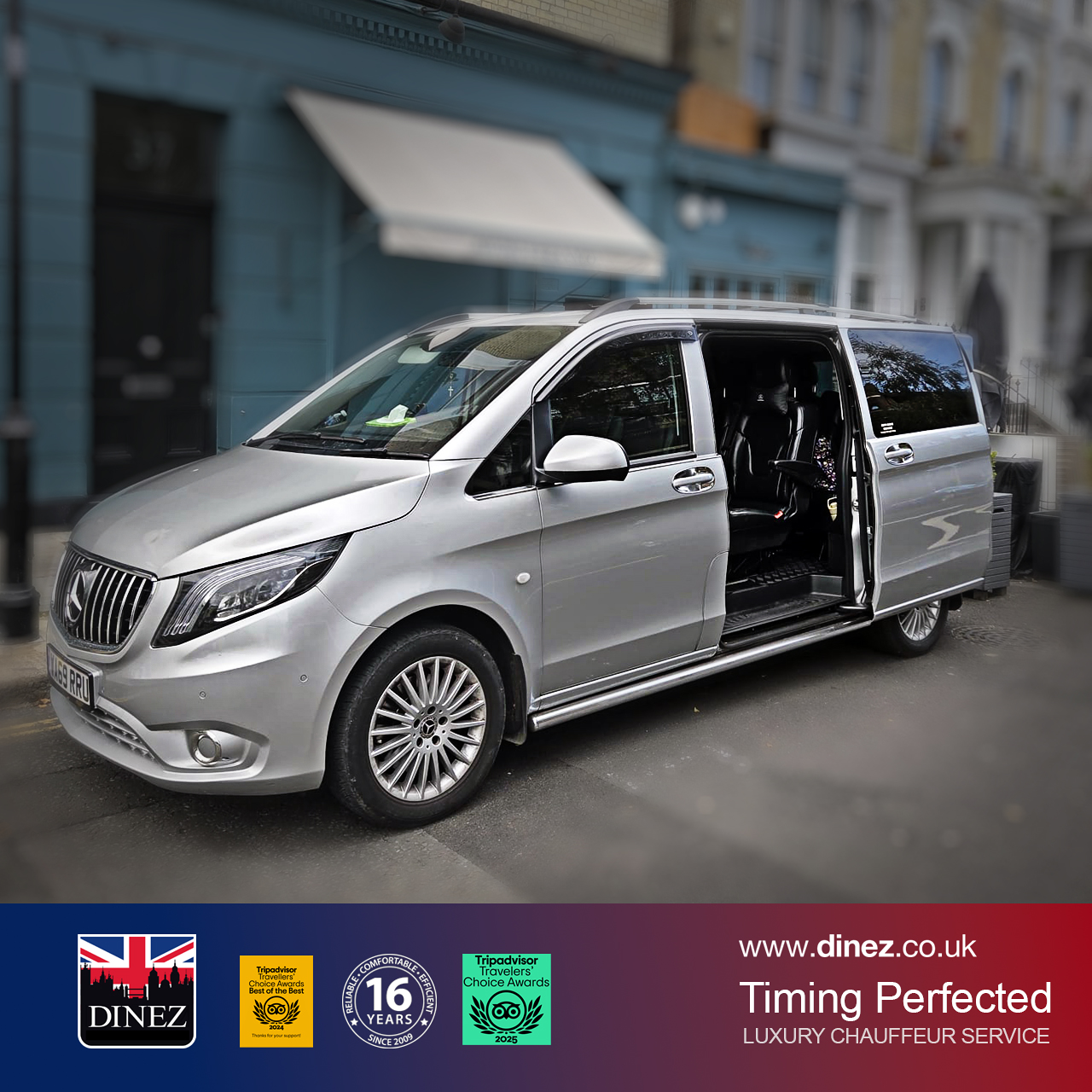 A Mercedes-Benz V-Class for Farnborough Taxi Cabs executive chauffeur service in Farnborough, Hampshire, showing a silver