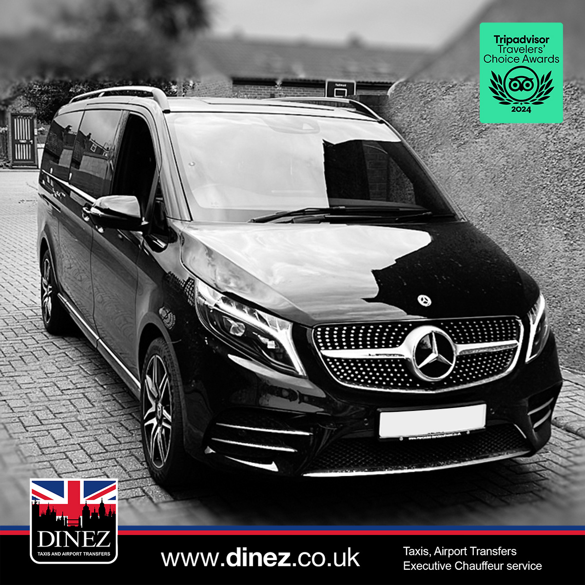 A Mercedes-Benz V-Class for Farnborough Taxi Cabs executive chauffeur service in Farnborough, Hampshire, showing an